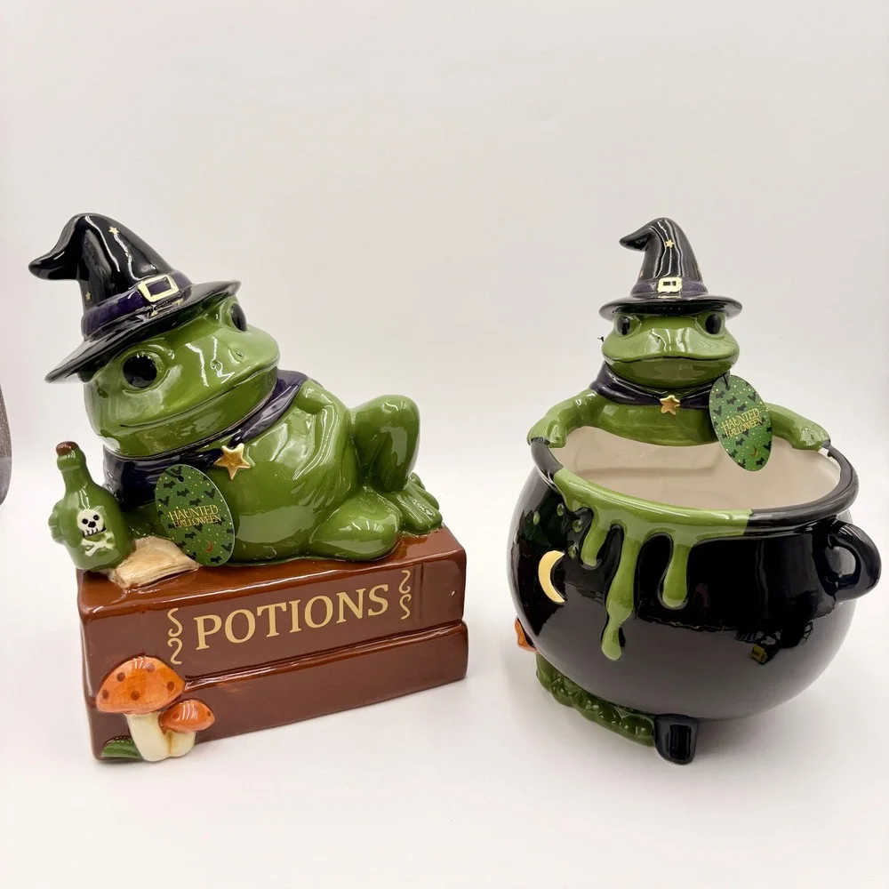 Haunted Halloween Ceramic Witch Frog Cookie Jar and Cauldron Candy Dish Set NEW